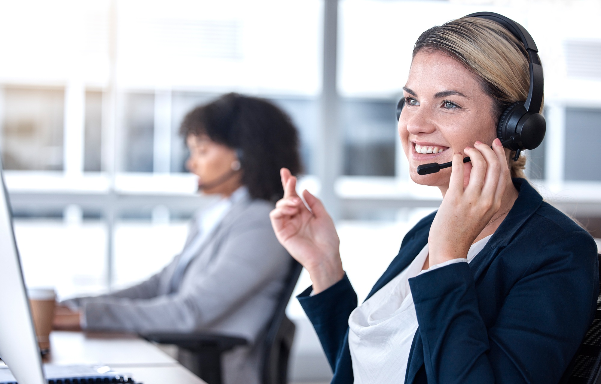 Call center, talking and happy woman in office for communication, support and contact us for custom
