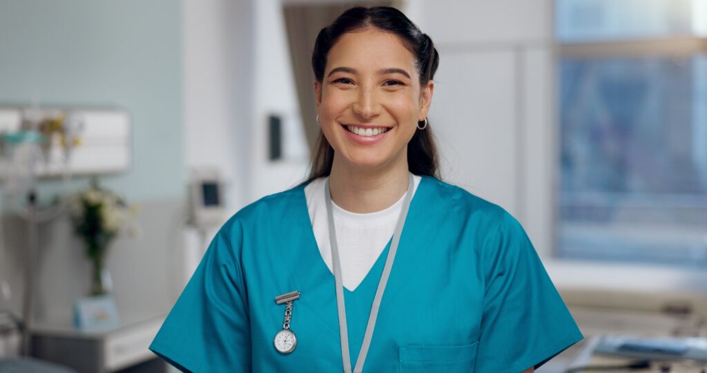 Nurse, portrait and pride in hospital for healthcare, confidence and professional. Doctor assistant
